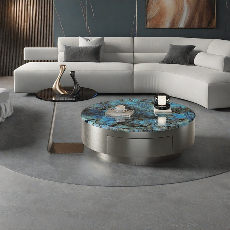 Super crystal stone round coffee table set, 13.8" H x 39.4" L x 39.4" W