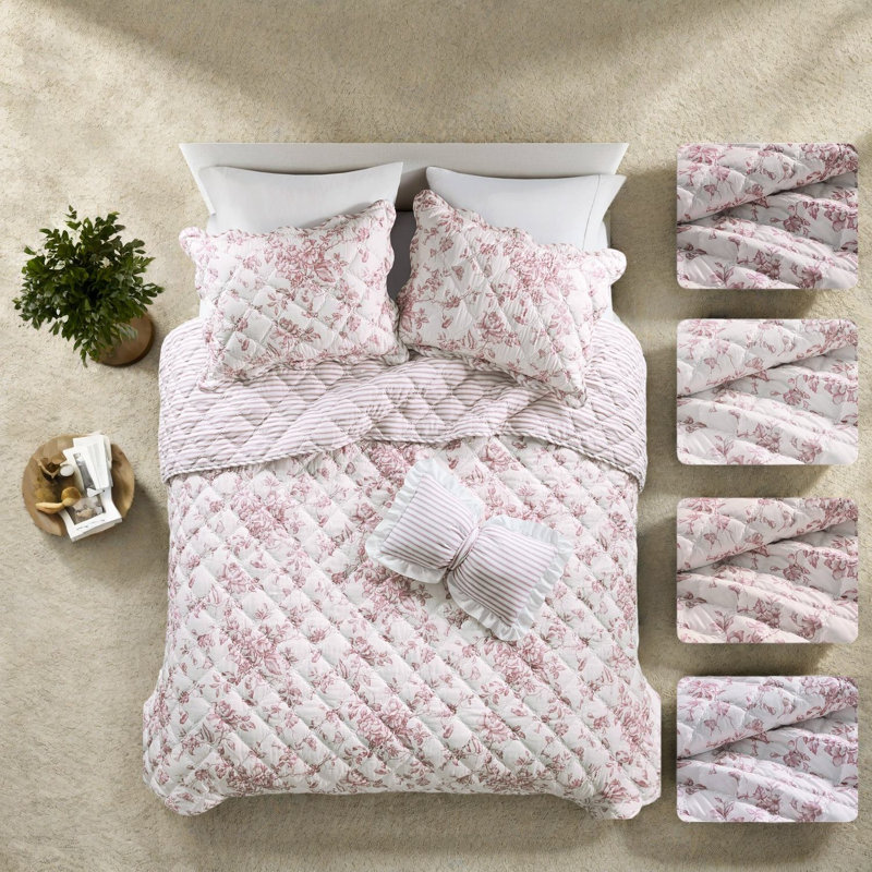 Ensemble de literie réversible rose, courtepointe 4 pièces en microfibre Cottage Home