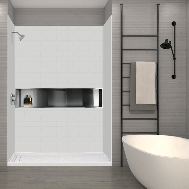 SaraMar White Solid Surface 3-Piece Glue Up Shower Wall Kit
