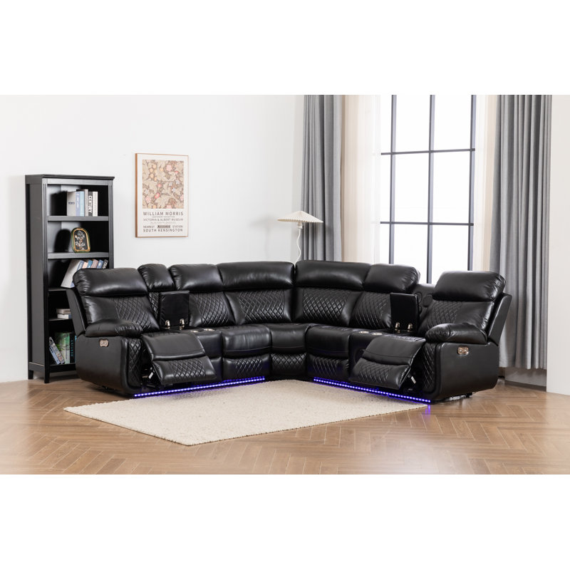 Ensemble de canapé modulaire inclinable électrique en cuir 3 pièces avec éclairage à DEL de 201 po (ensemble de 3), Cuir noir