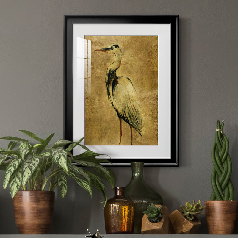 «Gold Crane at Dusk II», peinture sur toile encadrée, H 22,5 po x l 30,5 po x P 1,5 po, Noir