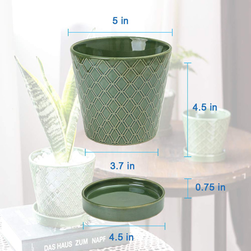 Ensemble de 4 pots de fleurs en céramique avec plateau de 5 pouces, Patina