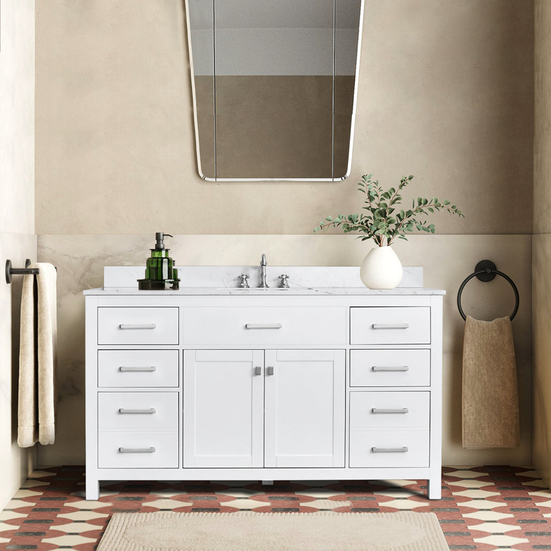 60 " W Freestanding Standard Free Standing Single Double Single Vanity Bathroom Vanity With Engineered Marble Top