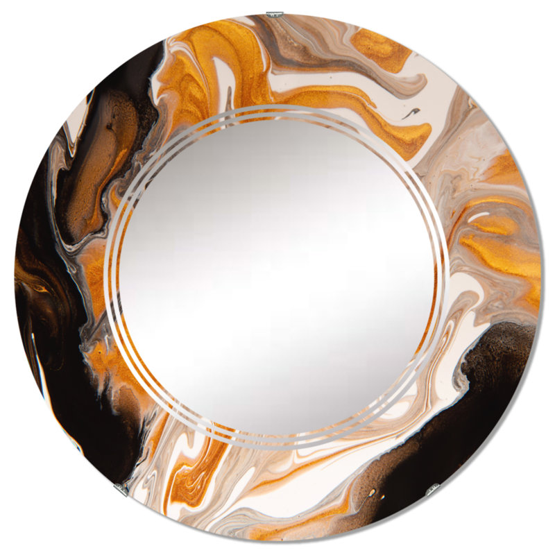 Orange et marbre noir Waves I - Miroir mural moderne, 24 po x 24 po