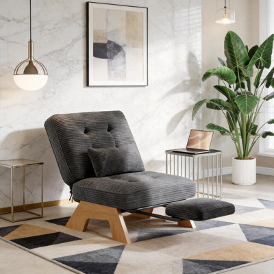Chaise d'appoint à dossier réglable avec repose-pieds, fauteuil rembourré en velours côtelé avec repose-pieds et poche latérale, fauteuil de lecture confortable pour la chambre à coucher