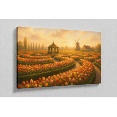Large Tulip Garden Maze Wall Art Floral Gazebo Canvas Print Spring Bloom Artwork for Living Room Bedroom Office Cottage Decor 24x36 Inch Canvas Print - Ready to hang