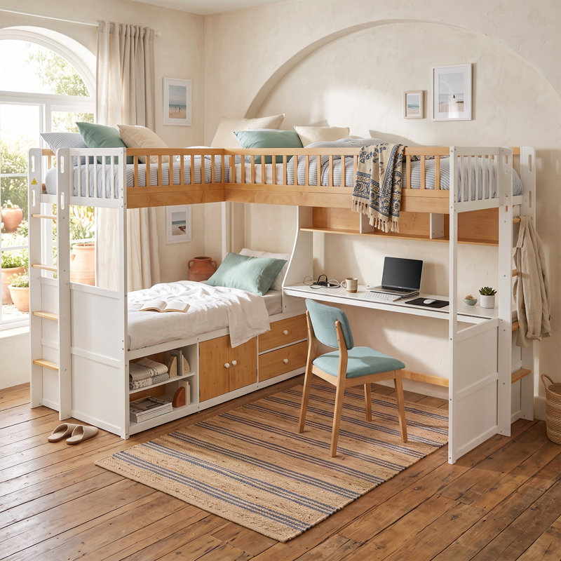 Lit superposé en L pour 3 personnes avec bureau intégré, ports USB, éclairage DEL, étagères, garde-robe et tiroirs, couleur naturelle