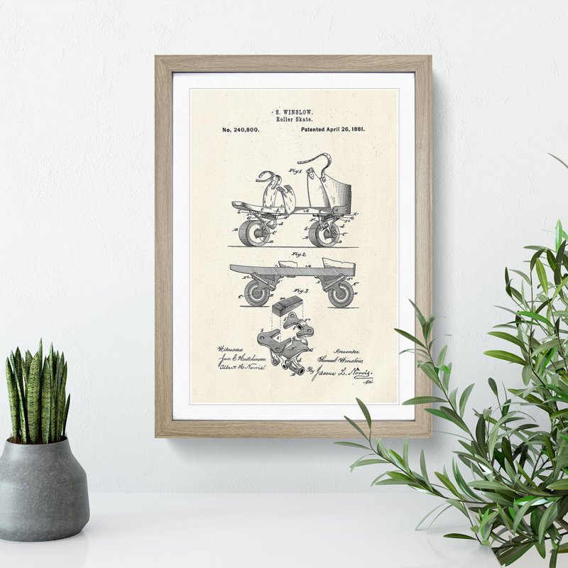 Roller Skate Patent - Picture Frame Graphic Art, 90cm H x 65cm W x 2cm D, Oak Framed
