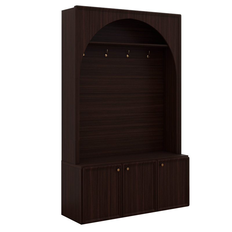 Hall Tree With 3 Cabinets And Adjustable Shelves, Wooden Coat Rack Organizer With 4 Golden Hooks, Walnut