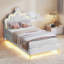 Kids Princess Bed Frame with LED Lights, PU Upholstered Headboard, Adjustable Height Headboard, Girls Bedroom Furniture-1171731596