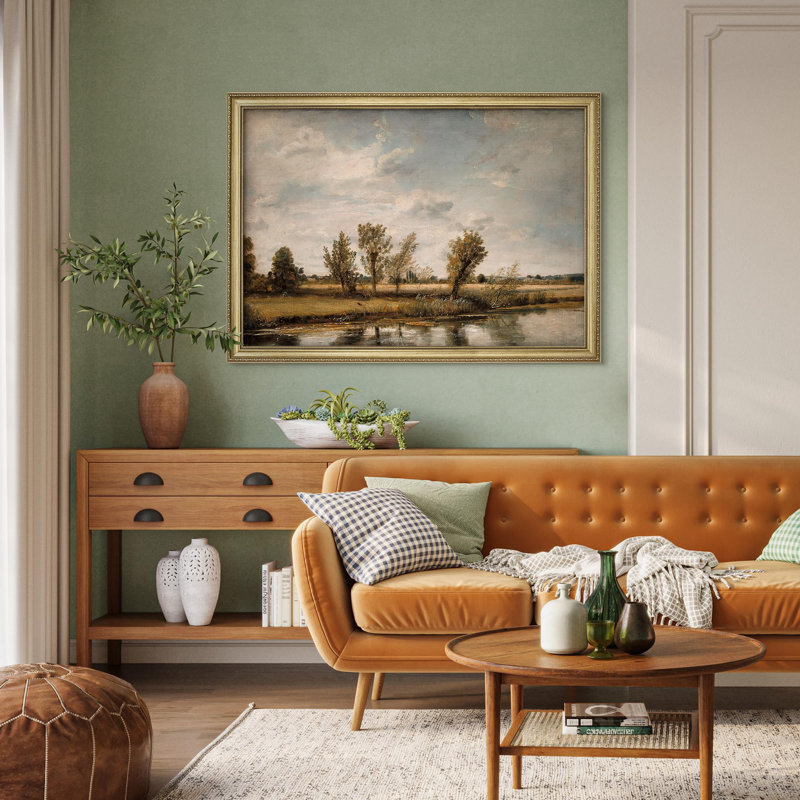 "Paysage rétro, scène de berge paisible avec arbres et nuages, décoration murale encadrée dorée", Non