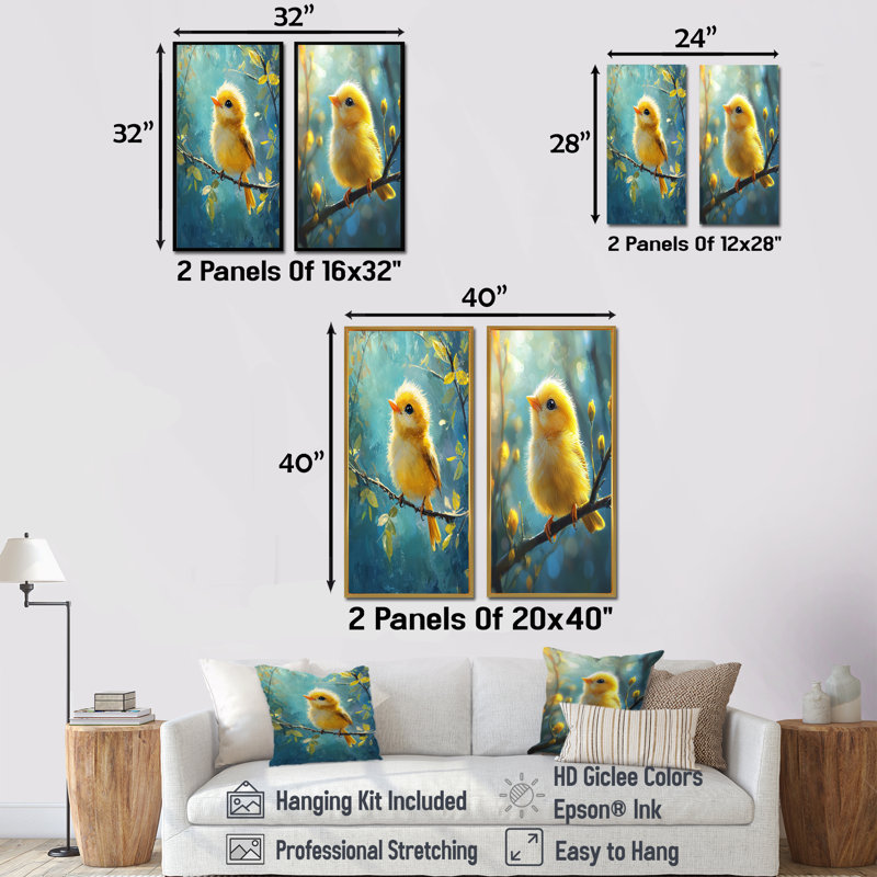 Bébé pinson sur une branche ensoleillée I - animaux, collection de 2 panneaux d'art mural, H 28 po x l 25 po, Toile tendue