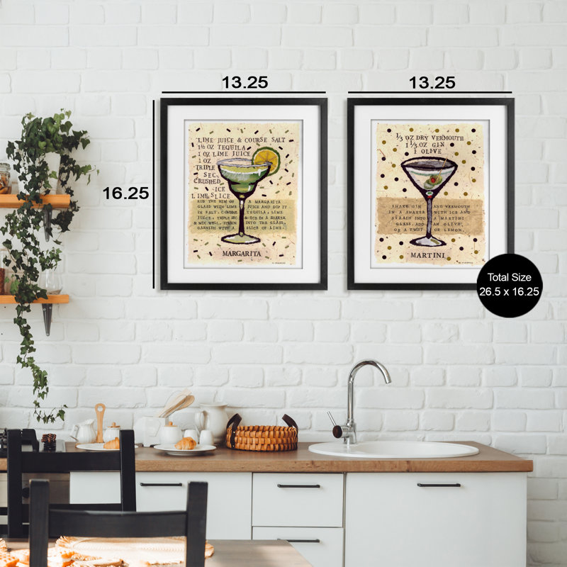 Margarita & Martini Recipes, ensemble de 2 reproductions encadrées sous verre, design par Nancy Overton, H 16 po x l 13 po