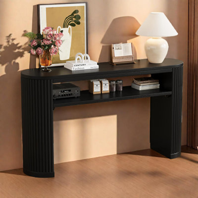 Rustic Console Table with Fluted Legs and Open Shelf, Vintage Oval Entryway Sofa Table