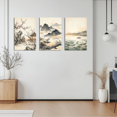 Ensemble de 3 tableaux sur toile tendue représentant un paysage chinois avec un pavillon en fleurs de prunier et un étang de lotus