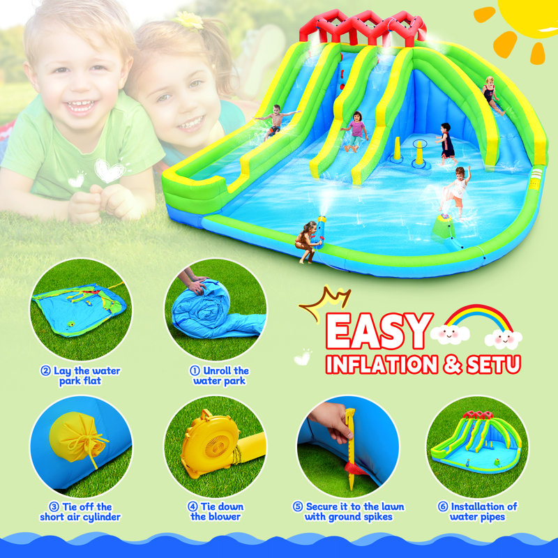 7 parc aquatique gonflable à trois glissières avec soufflerie, pistolet à eau, gicleur, mur d'escalade pour enfants