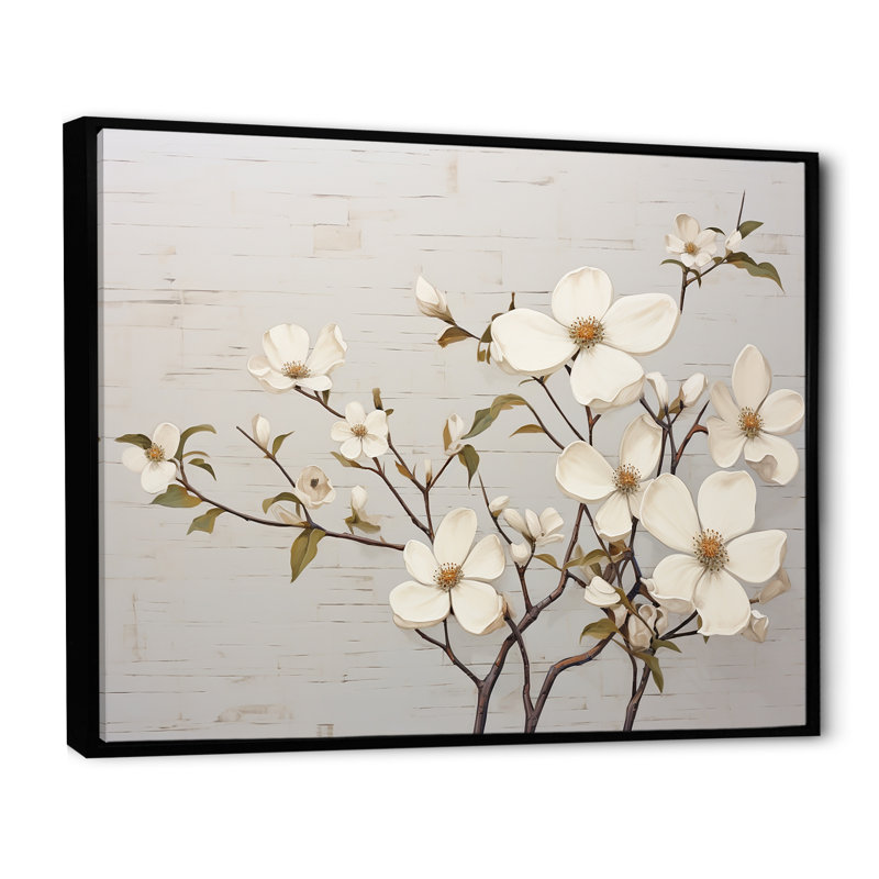 «White Dogwood Blossom Scenery VII», reproduction sur toile, Cadre flottant noir, H 24 po x l 32 po x P 1 po