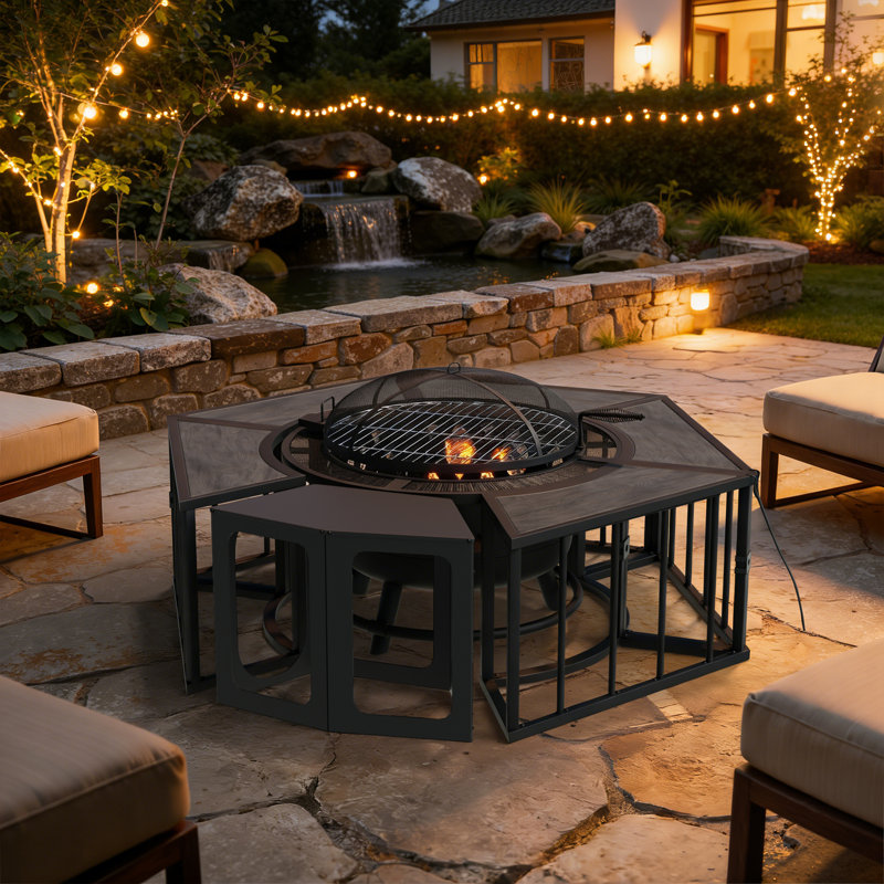 Steel Outdoor Fireplace with Side Tables, Gray