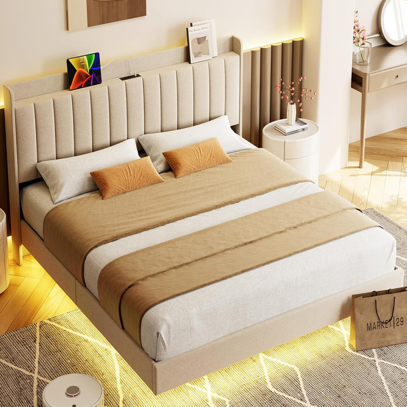 Full Size Floating Bed Frame With LED Lights, Upholstered Platform Bed Frame With Charging Station & Storage Headboard, Full