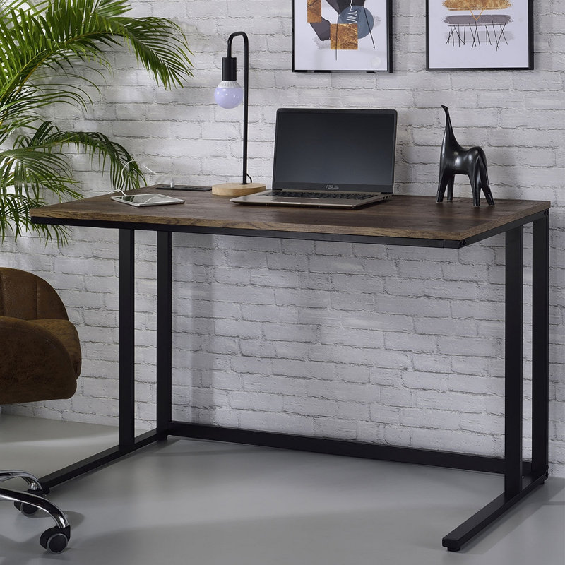 Bureau d'écriture rectangulaire avec port USB et prise, Brun / Noir