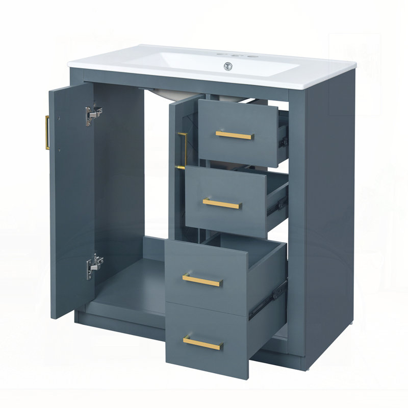 Meuble-lavabo 30 po avec lavabo en céramique, Doré, Bleu