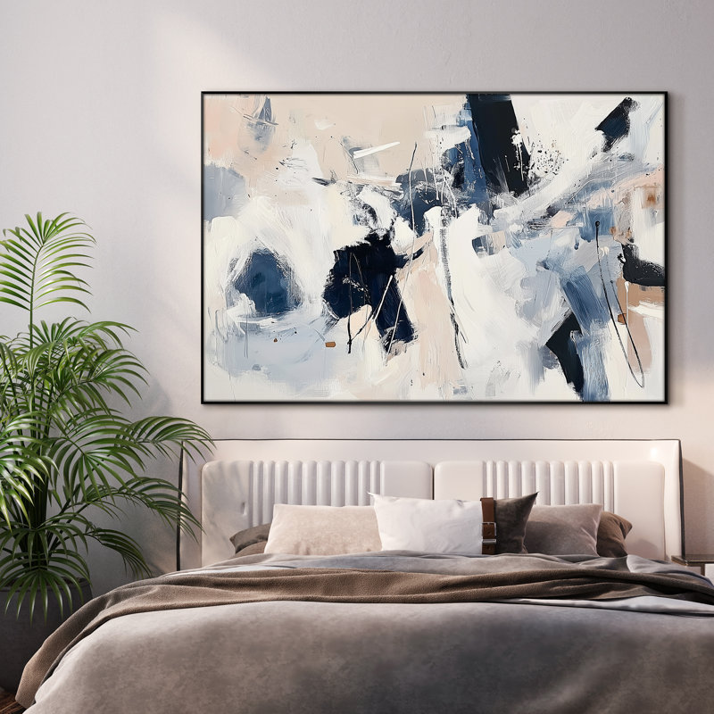 Extra Large Wall Art Fabric Print - Bold Black Blue Abstract Expressionist Style Artwork Decor for Living Room or Bedroom - "Frame Assembly Required (Unfinished Frame)"