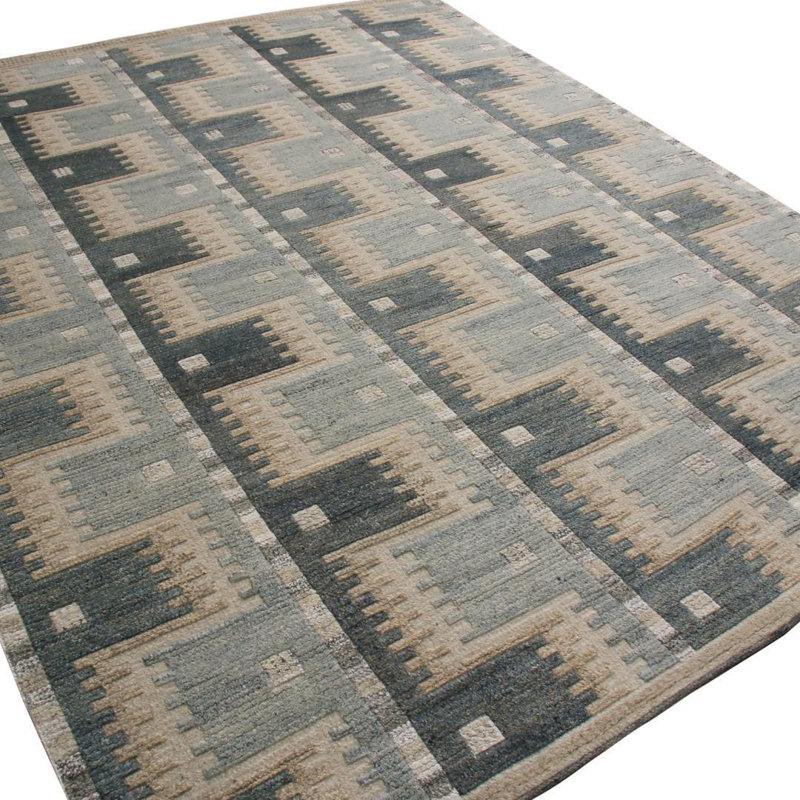 Rug & Kilim’S Scandinavian-Inspired Geometric Blue And Beige Wool Pile Rug, Rectangle 9' x 12'