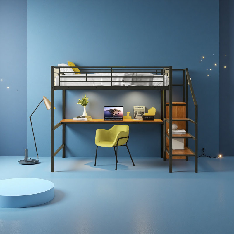 Lit mezzanine double en métal avec bureau, escalier de rangement, petite armoire et lumière DEL