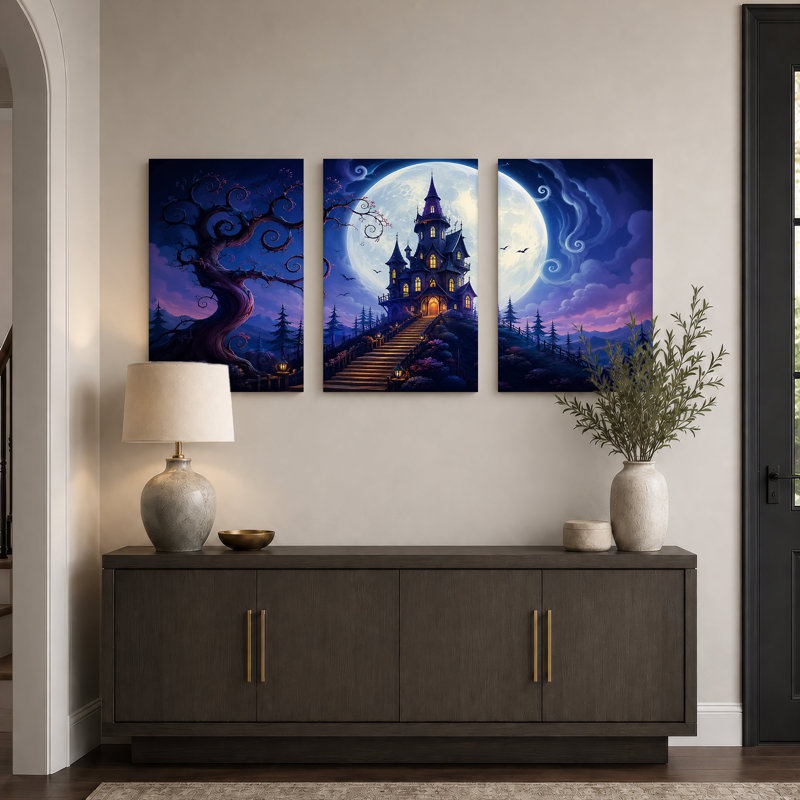 Maison hantée sous la pleine lune avec Halloween - Ensemble de 3 toiles murales, H 24 po x l 16 po x 3 pièces