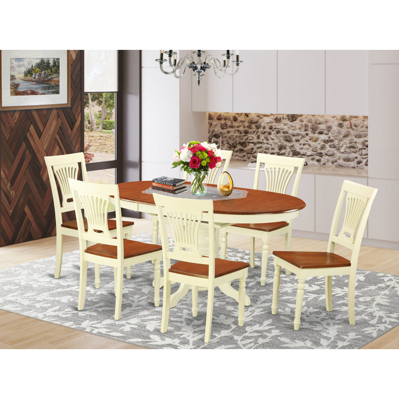 Ensemble de table de salle à manger 7 pièces composé d'une table de cuisine ovale avec rallonge papillon et 6 chaises de salle à manger, babeurre et cerise