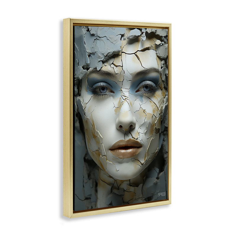 Toile flottante encadrée «Cracked Face Abstraction» par Roozbeh Bahramali, Cadre flottant métallique doré, H 25 po x l 17 po