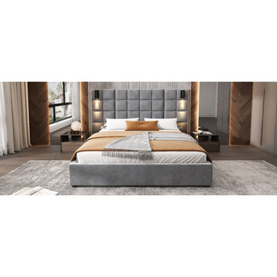 Structure de lit tapissier, avec applique murale et port USB