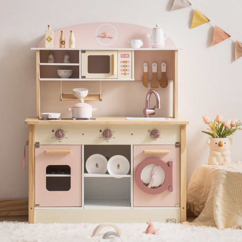Solid Wood Play Kitchen & Accessories Set, Preschool Kitchen Set, Kids Kitchen Playset, Pink/Beige