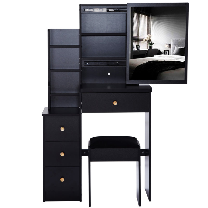Petit meuble-lavabo 29,2 po avec tabouret de chevet et tabouret rembourré, Noir