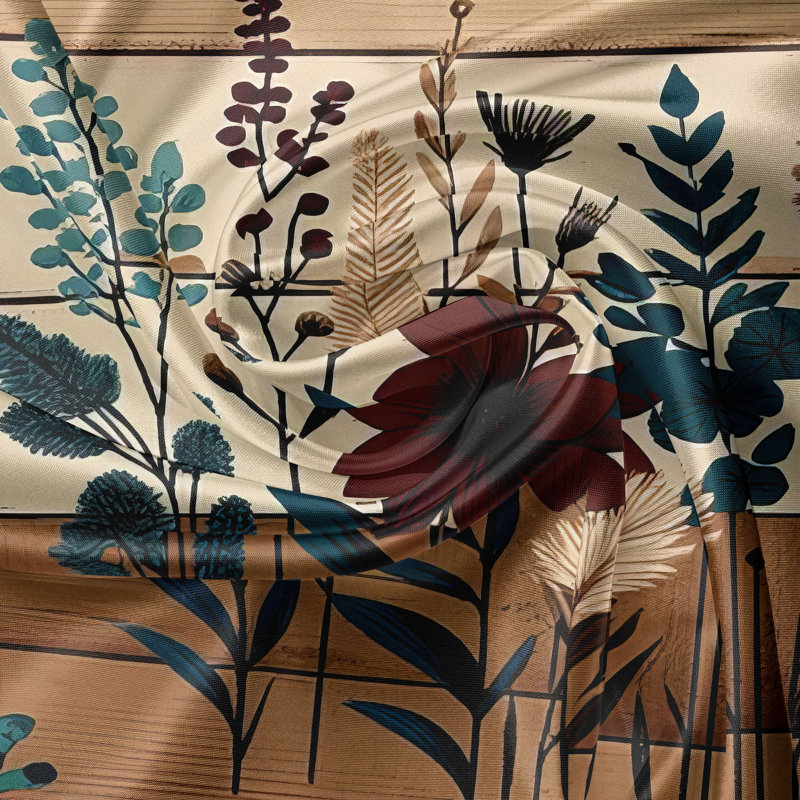 Floral Deer Print Blue and Beige Polyester Kitchen Curtains