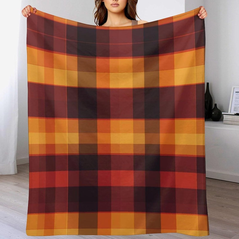 Couverture à carreaux orange et rouge automnale, 101,6 x 127 cm, 9.84" L x 11.84" W