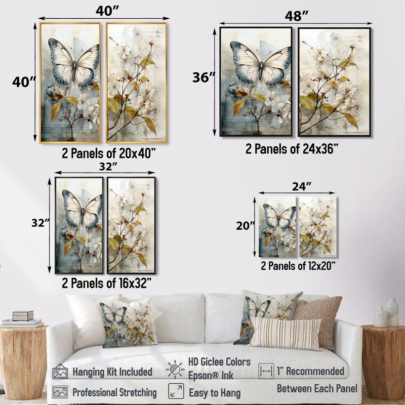 Collette - grand ensemble d'art mural de 2 papillons, Black, 36" H x 48" W, Impression encadrée flottante