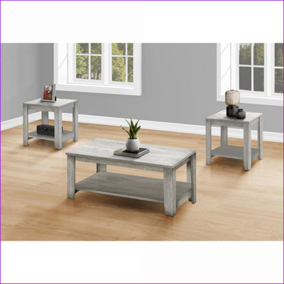 Ensemble de 3 tables basses et tables de bout en stratifié gris pour le salon, style transitionnel avec rangement supplémentaire