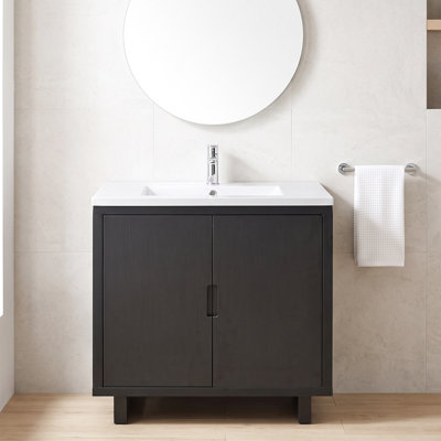30 Inches White Resin Basin Freestanding Bathroom Vanity with Black MDF Cabinet,Doors,Nvisible Handle,No Faucet,Single-Hole,Black