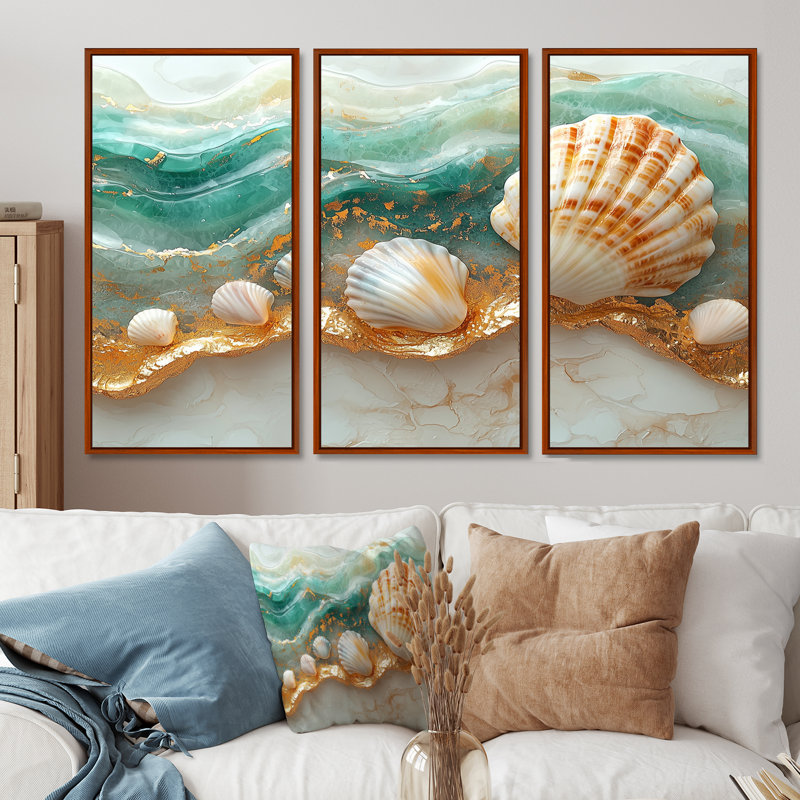 Coquillage et sable émeraude I - art mural côtier large - 3 panneaux, H 28 po x l 36 po, Brun