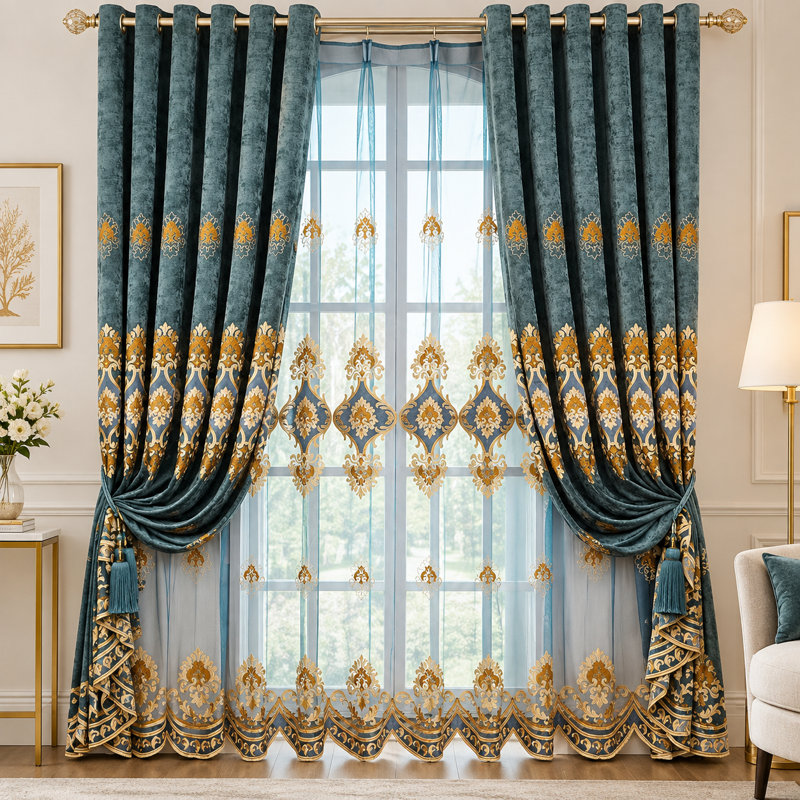 Ensemble de rideaux 3 pièces en chenille de luxe de style européen avec panneau transparent