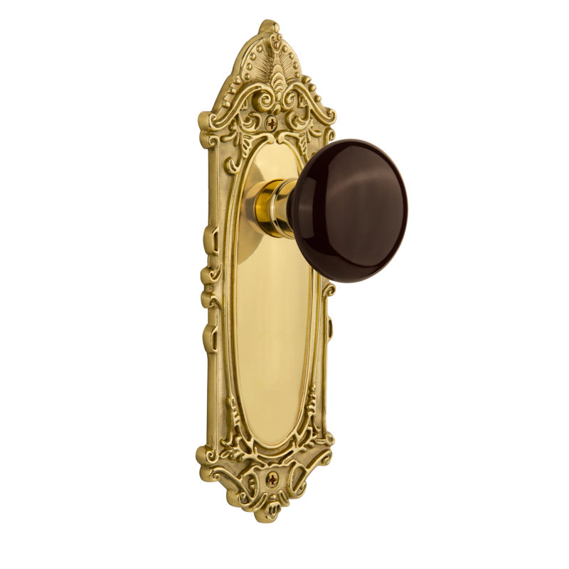 Plaque victorienne avec bouton de porte en porcelaine brune, Laiton poli