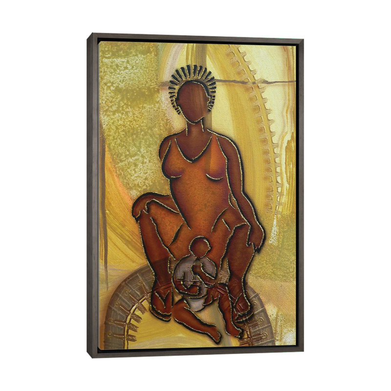 « Mère et enfant » par Fred Odle-impression, Pas de tapis, H 26 po x l 18 po x 1,5 po, Toile encadrée de bois rustique foncé