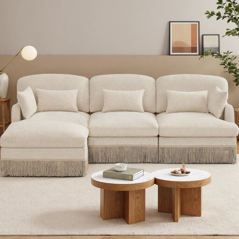 100" Modern Leopard Print Chenille L-Shaped Sofa, 3-Seater Sectional Sofa with Movable Ottoman, Delicate Tassel Edge, Ergonomic Deep Seat, Easy Assembly for Living Room