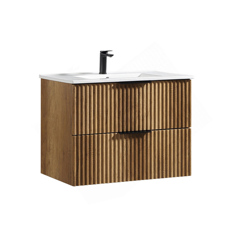 30 Inch Wall-Mounted Bathroom Vanity With 3D Fluted Panel & Ceramic Integrated Sink, 30"