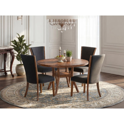 5 Piece Dining Room Set for 4 Consists of a 54" Round Table with Pedestal and 4 Black Linen Fabric Parson Chairs, Antique Walnut