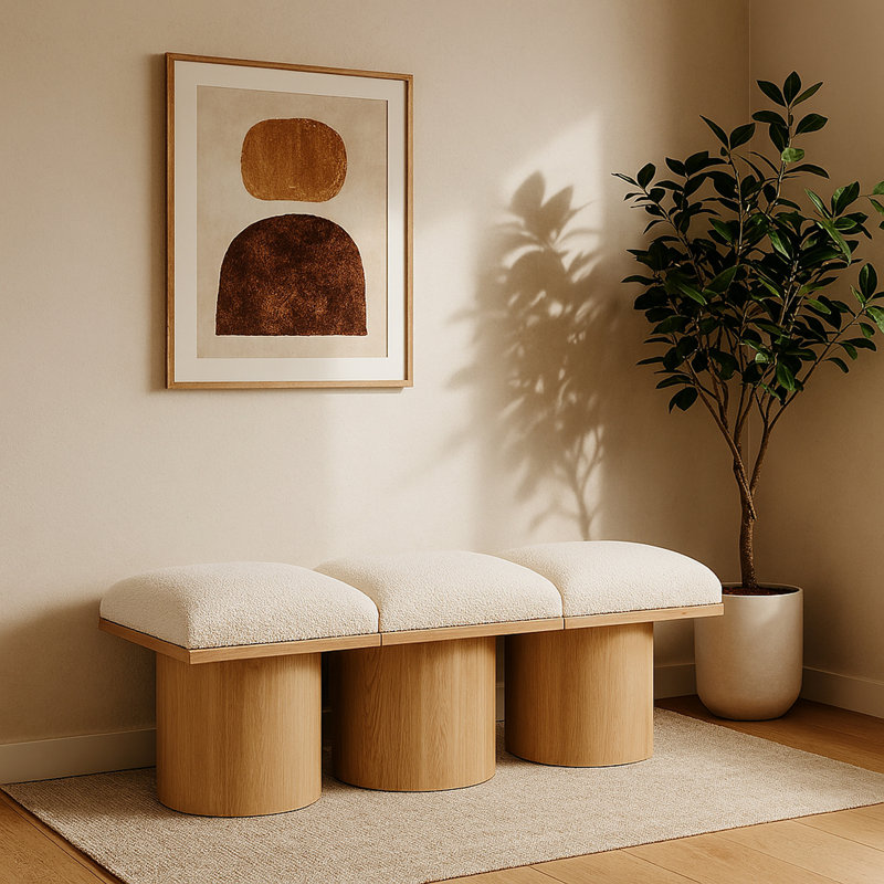 Banc rembourré Husnan, H 17,5 po x l 46,5 po x P 18 po, Tissu crème bouclé, Naturel