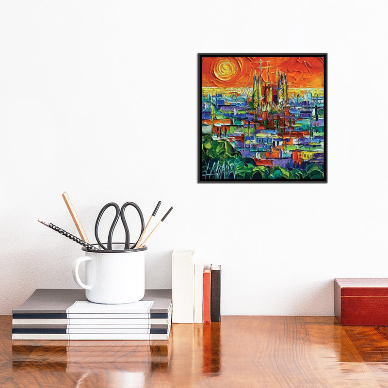 «Barcelona View Stylized Cityscape» par Mona Edulesco, reproduction d'art sur toile tendue, Cadre noir