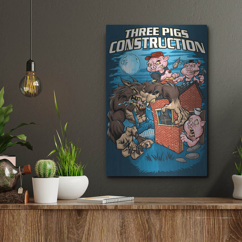 «Three Little Pigs Construction» par Flyland Designs, art mural en métal, H 16 po x l 12 po