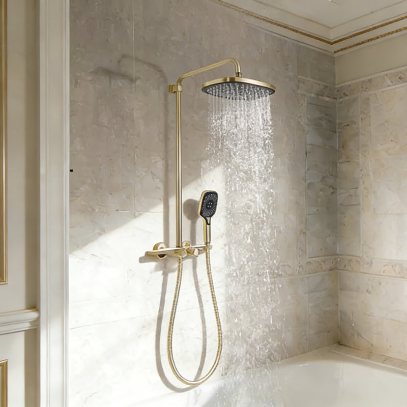 4 Functions Wall Mounted Anti Scald All-In-One Kit Bathroom Complete Shower System Shower with Rain Shower Head & Handshower & Thermostatic Valve, Brushed Gold